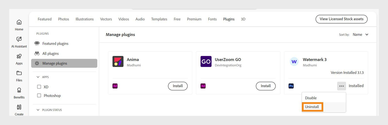 Прозорецът „Приставки“ в настолното приложение Creative Cloud показва опцията за деинсталиране на приставка.