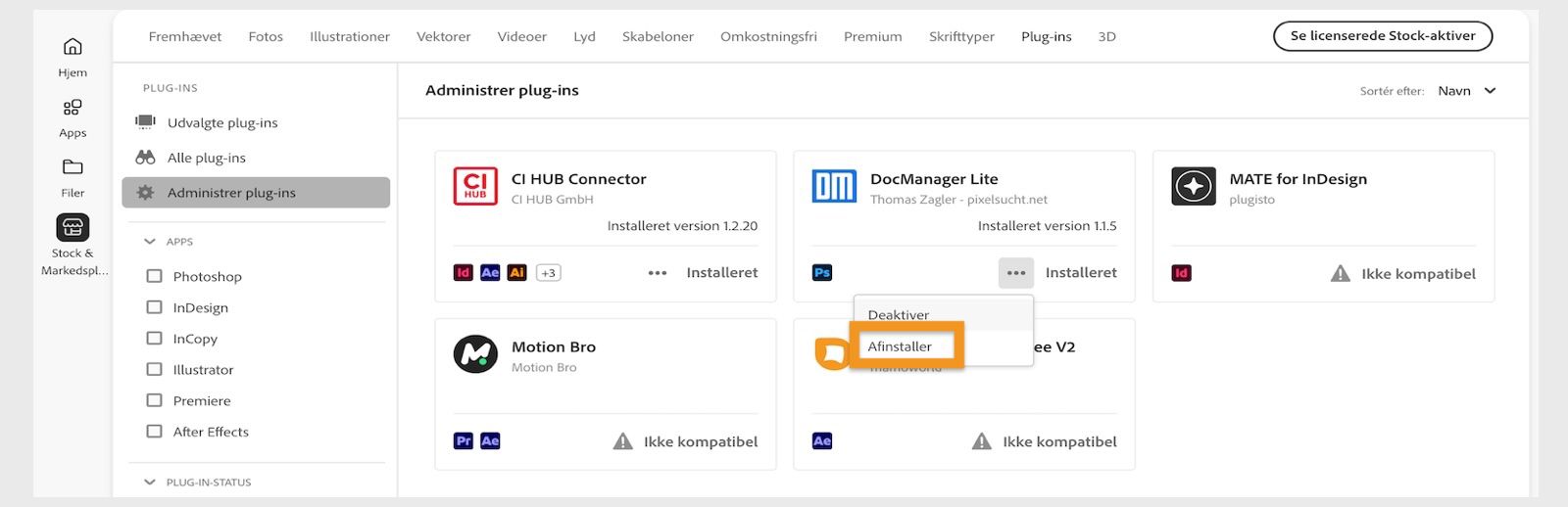 Vinduet Plug-ins i Creative Cloud-computerappen viser valgmuligheden til at afinstallere et plug-in.
