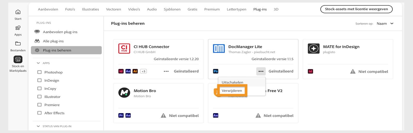 In het venster Plug-ins van de Creative Cloud desktop-app wordt de optie om een plug-in te verwijderen weergegeven.