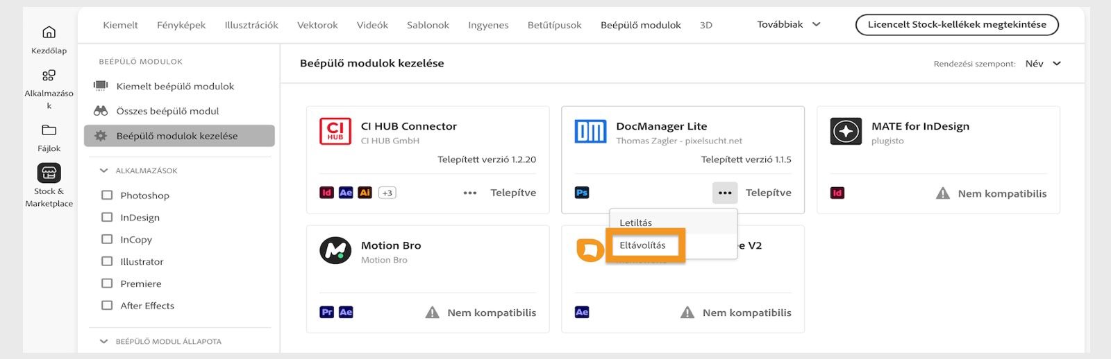 A Creative Cloud asztali alkalmazás Beépülő modulok ablakában megjelenik a beépülő modul eltávolítására szolgáló lehetőség.