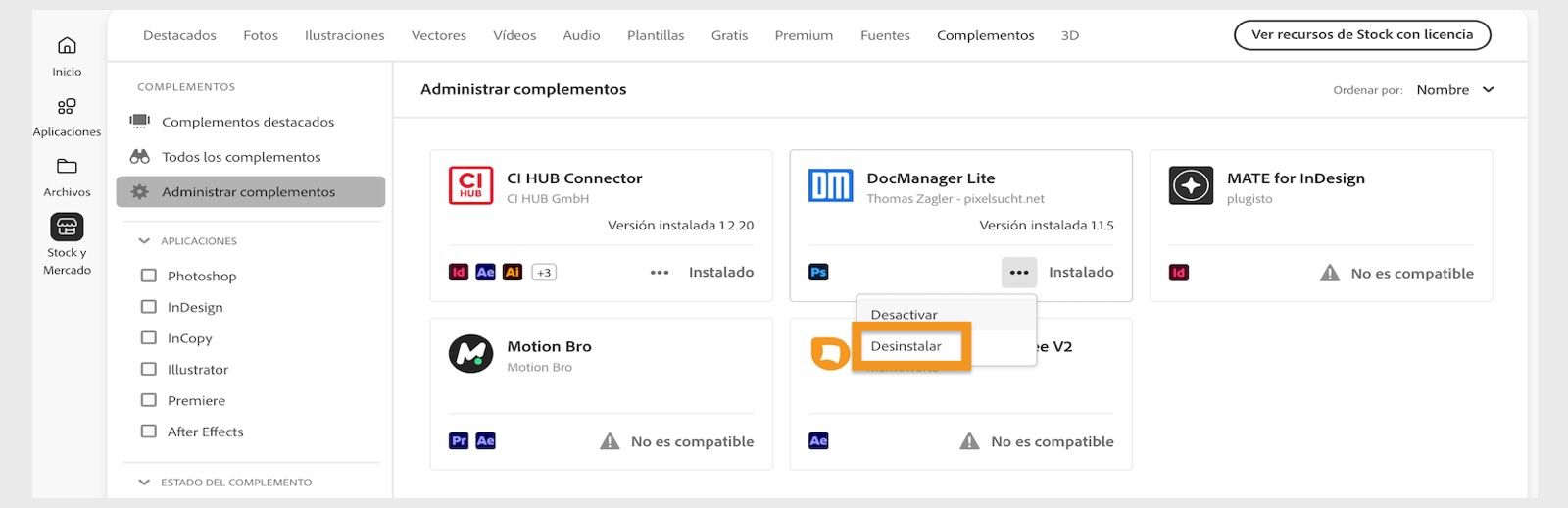 La ventana Complementos de la aplicación de Creative Cloud muestra la opción para desinstalar un complemento.