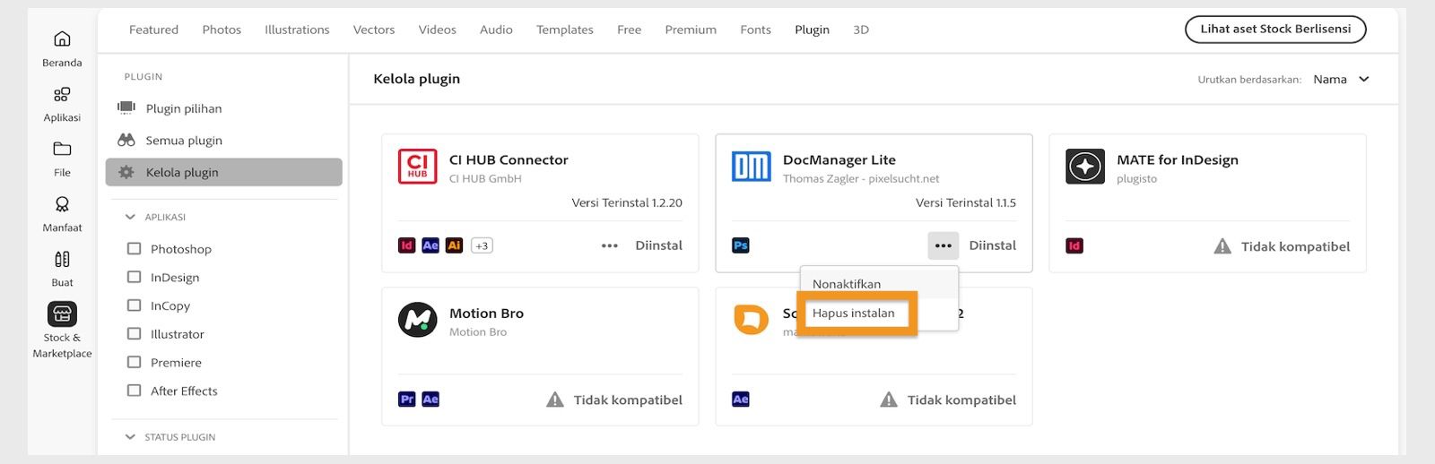 Jendela Plugin pada aplikasi desktop Creative Cloud menampilkan opsi untuk Menghapus Instalan plugin.