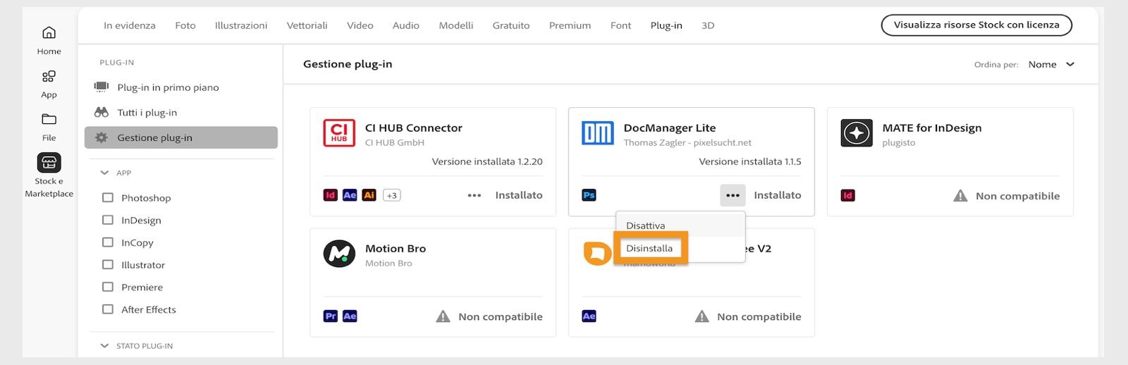 Nella finestra Plug-in dell'app Creative Cloud è disponibile l'opzione per disinstallare un plug-in.