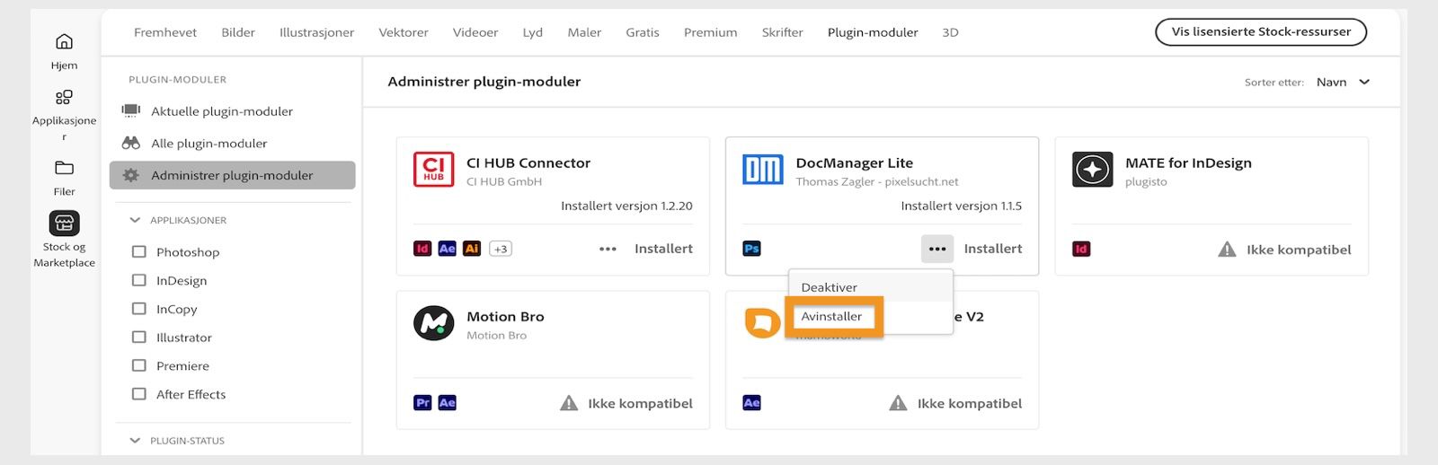 Vinduet "Plugin-moduler" i Creative Cloud-applikasjonen for datamaskin viser alternativet for avinstallering av plugin-moduler.