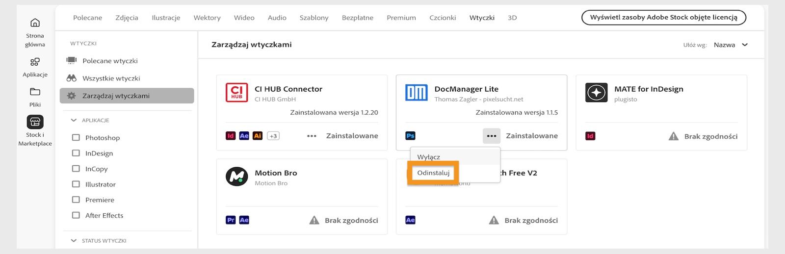 W oknie Wtyczki w programie Creative Cloud Desktop wyświetlana jest opcja Odinstaluj wtyczkę.
