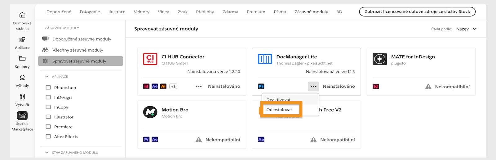 V okně Zásuvné moduly v aplikaci Creative Cloud pro počítače je zobrazena možnost Odinstalovat pro vybraný zásuvný modul.