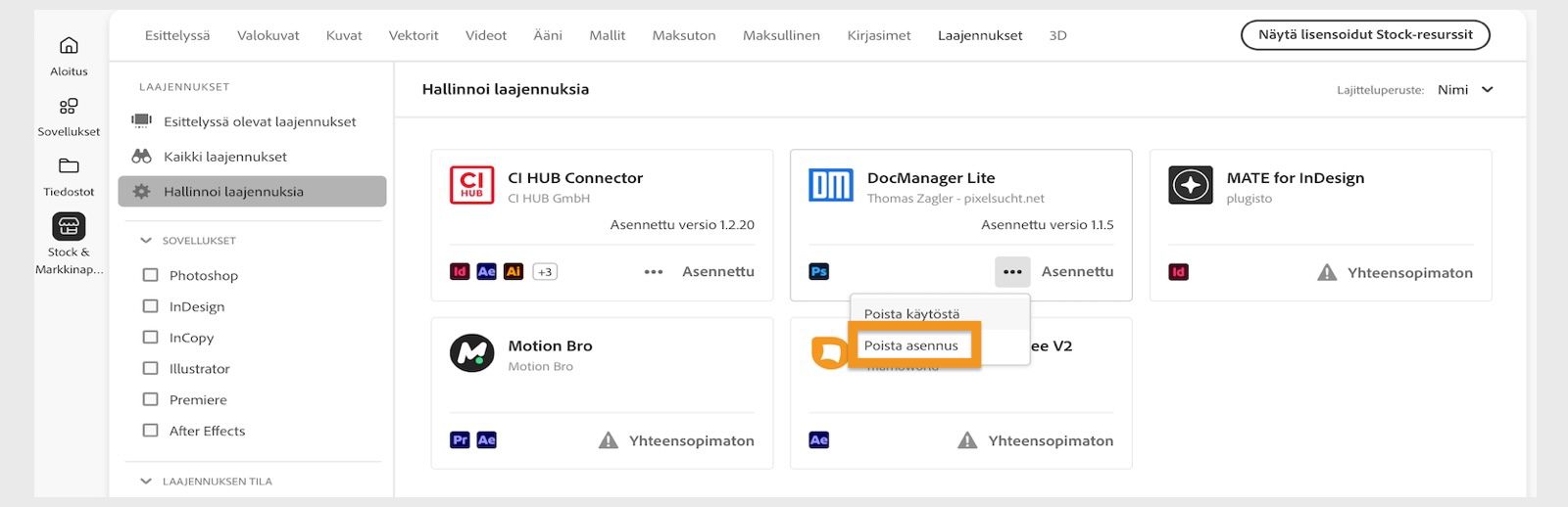 Creative Cloud -tietokonesovelluksen Liitännäiset-ikkunassa näkyy liitännäisen poistovaihtoehto.