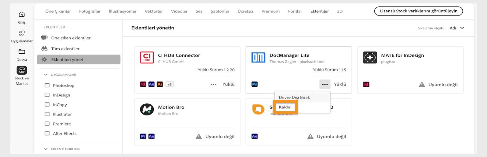 Creative Cloud masaüstü uygulamasındaki Eklentiler penceresinde, eklenti için Kaldır seçeneği görüntülenir.