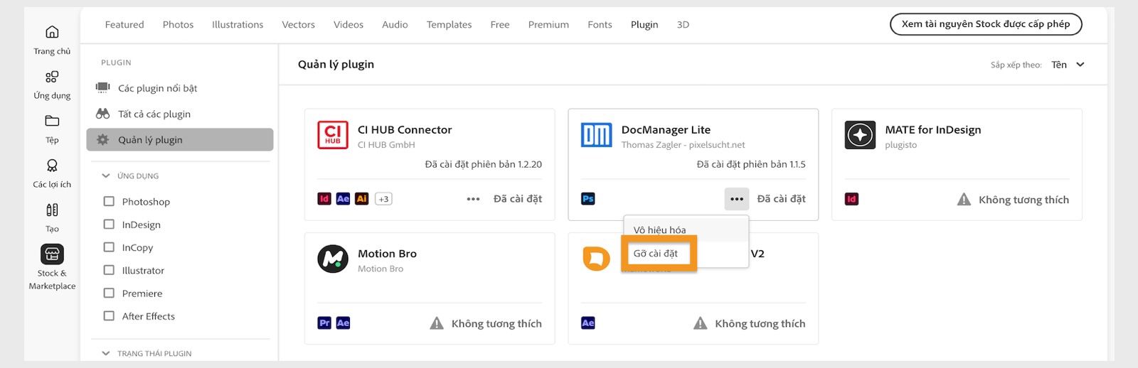 Cửa sổ Phần bổ trợ trên ứng dụng Creative Cloud cho máy tính để bàn sẽ hiển thị tùy chọn Gỡ cài đặt phần bổ trợ.