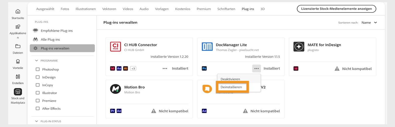 Im Fenster „Plug-ins“ des Creative Cloud-Clients wird die Option zum Deinstallieren eines Plug-ins angezeigt.