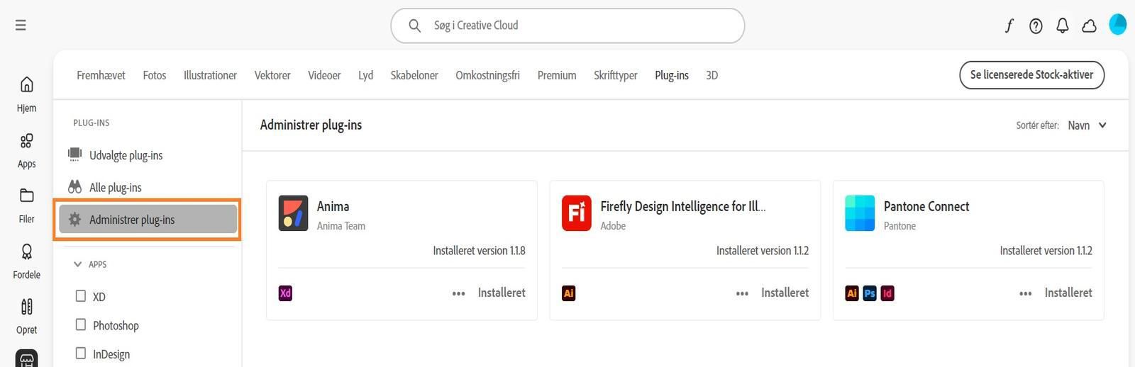 Skærmbilledet Stock & Marketplace viser fanen Administrer plug-ins, hvor du kan se dine installerede plug-ins. 
