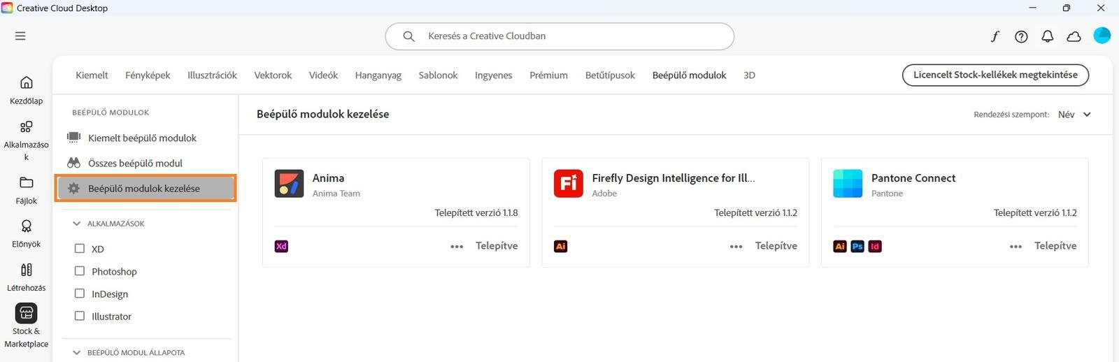 A Stock és Marketplace képernyőn megjelenik a Beépülő modulok kezelése lap, ahol megtekintheti a telepített beépülő modulokat. 