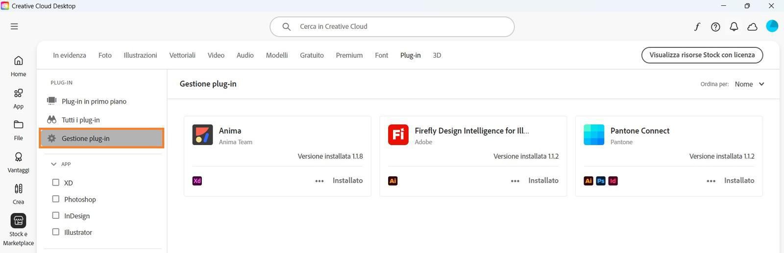 Nella schermata Stock e Marketplace è visualizzata la scheda Gestione plug-in in cui puoi visualizzare i plug-in installati. 