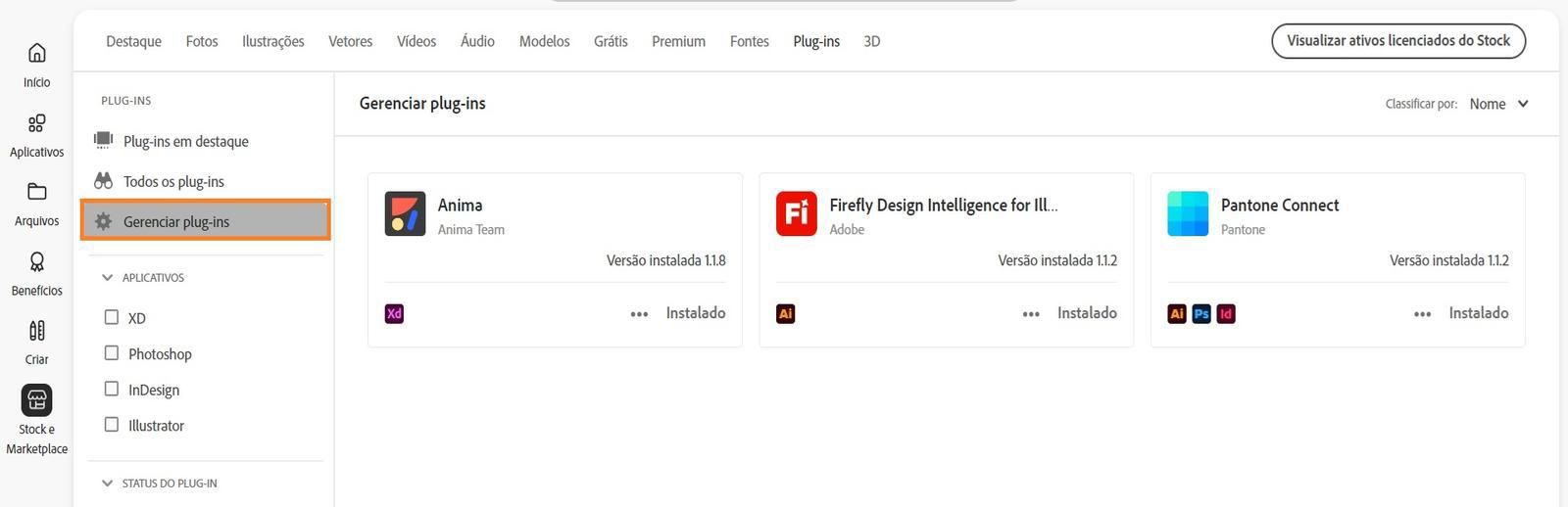 A tela Stock e Marketplace exibe a guia Gerenciar plug-ins, onde você pode visualizar seus plug-ins instalados. 