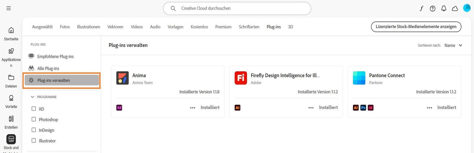 Auf dem Bildschirm „Stock und Marketplace“ wird die Registerkarte „Plug-ins verwalten“ mit deinen installierten Plug-ins angezeigt. 