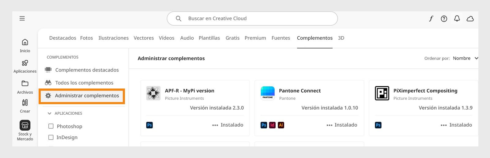 La pantalla Stock y Mercado muestra la pestaña Administrar complementos donde puedes ver los complementos instalados. 