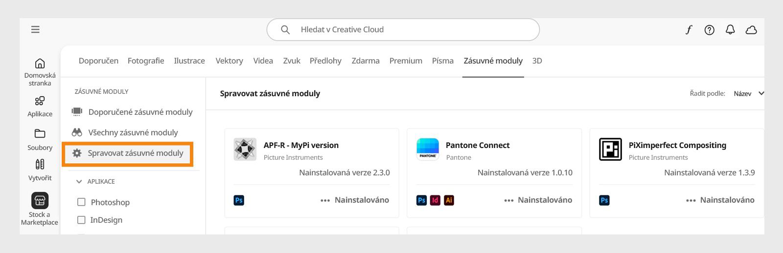 Na obrazovce Stock a Marketplace je karta Spravovat zásuvné moduly umožňující zobrazení nainstalovaných zásuvných modulů. 