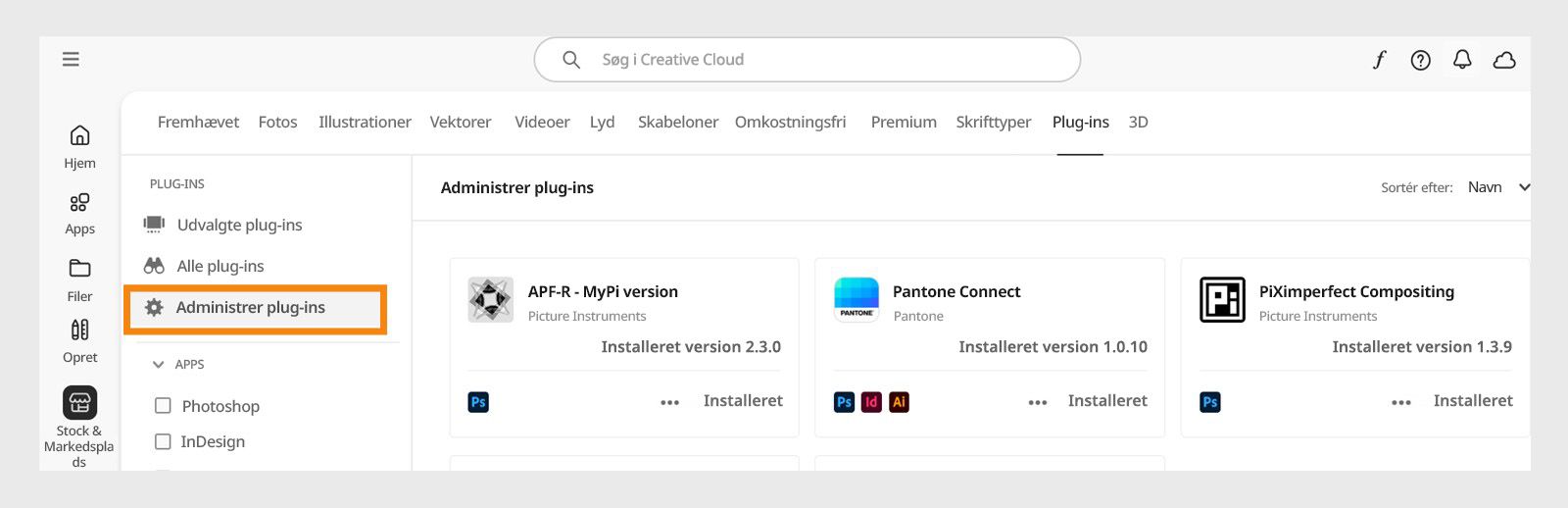 Skærmbilledet Stock & Marketplace viser fanen Administrer plug-ins, hvor du kan se dine installerede plug-ins. 