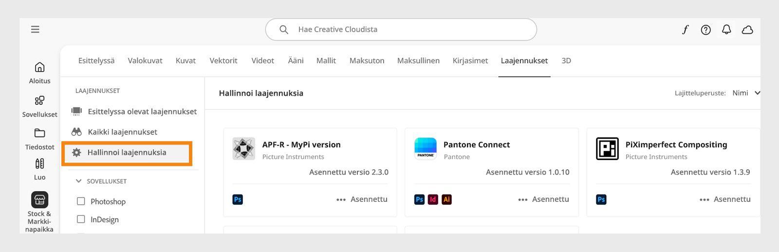 Stock & Markkinapaikka -näytössä näkyy Hallinnoi laajennuksia -välilehti, jossa voit tarkastella asennettuja laajennuksiasi. 
