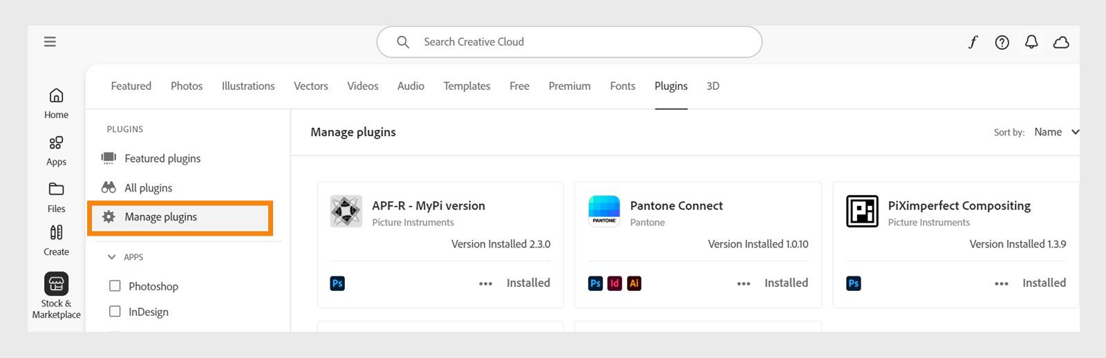 Layar Stock % Marketplace menampilkan tab Kelola plugin tempat Anda dapat melihat plugin yang terinstal. 
