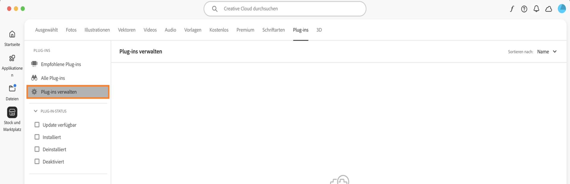 Auf dem Bildschirm „Stock und Marketplace“ wird die Registerkarte „Plug-ins verwalten“ mit deinen installierten Plug-ins angezeigt. 
