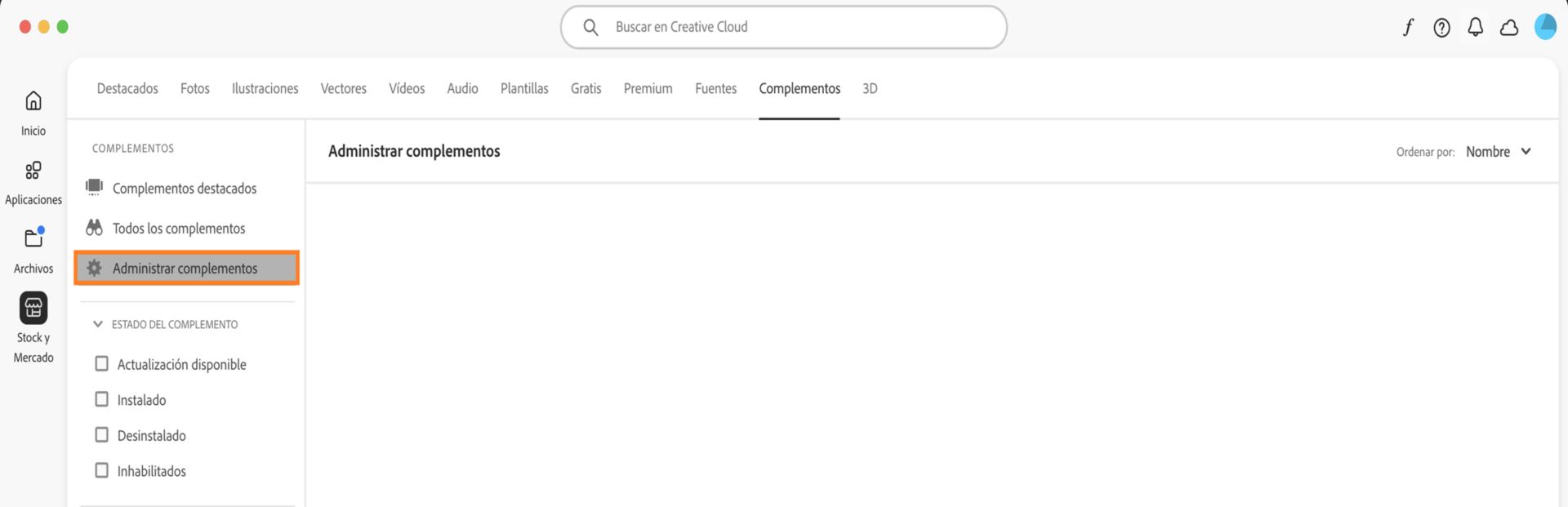La pantalla Stock y Mercado muestra la pestaña Administrar complementos donde puedes ver los complementos instalados. 