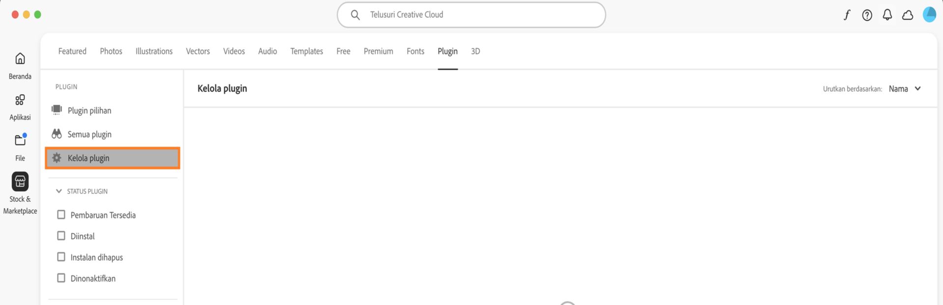 Layar Stock % Marketplace menampilkan tab Kelola plugin tempat Anda dapat melihat plugin yang terinstal. 