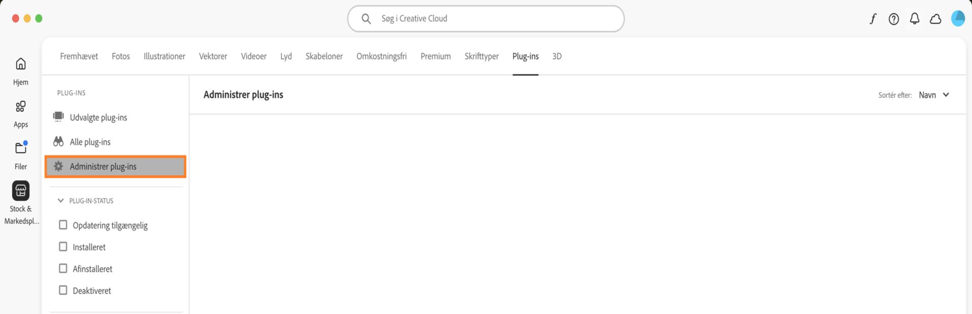 Skærmbilledet Stock & Marketplace viser fanen Administrer plug-ins, hvor du kan se dine installerede plug-ins. 