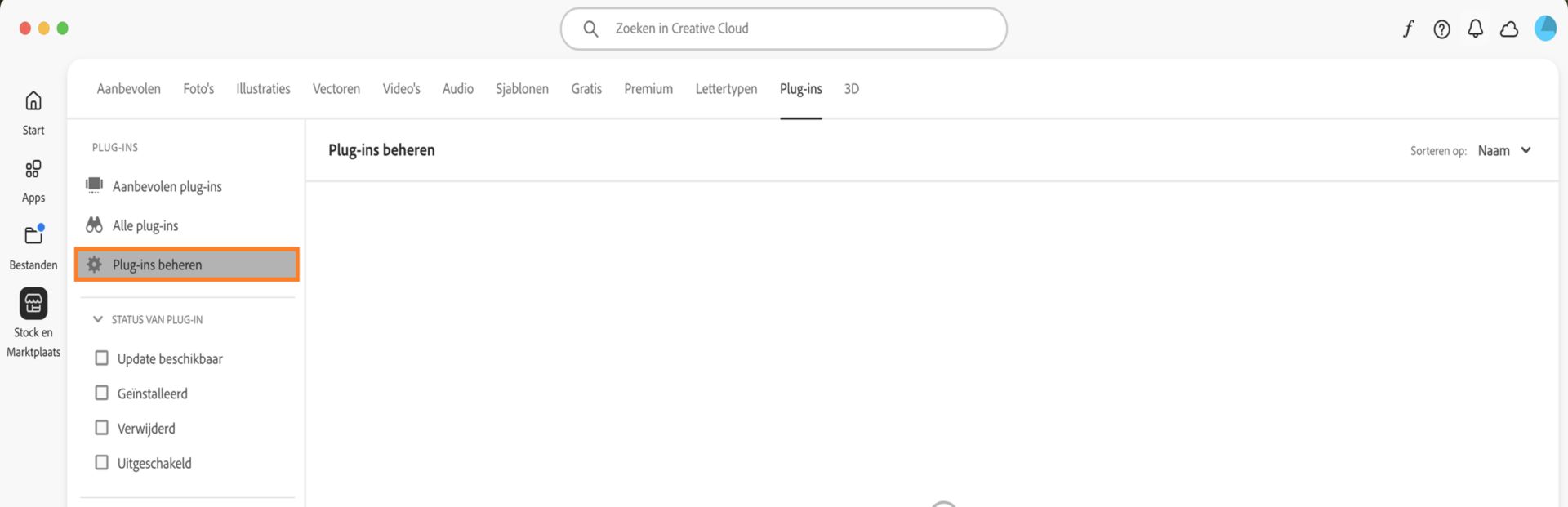 Het scherm Stock en Marktplaats met het tabblad Plug-ins beheren waar je de geïnstalleerde plug-ins kunt bekijken. 