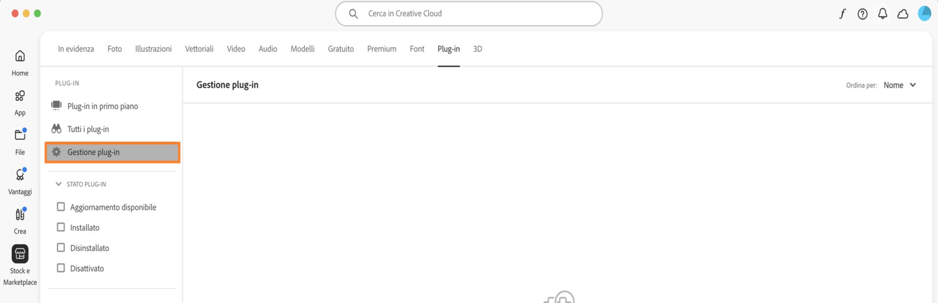 Nella schermata Stock e Marketplace è visualizzata la scheda Gestione plug-in in cui puoi visualizzare i plug-in installati. 