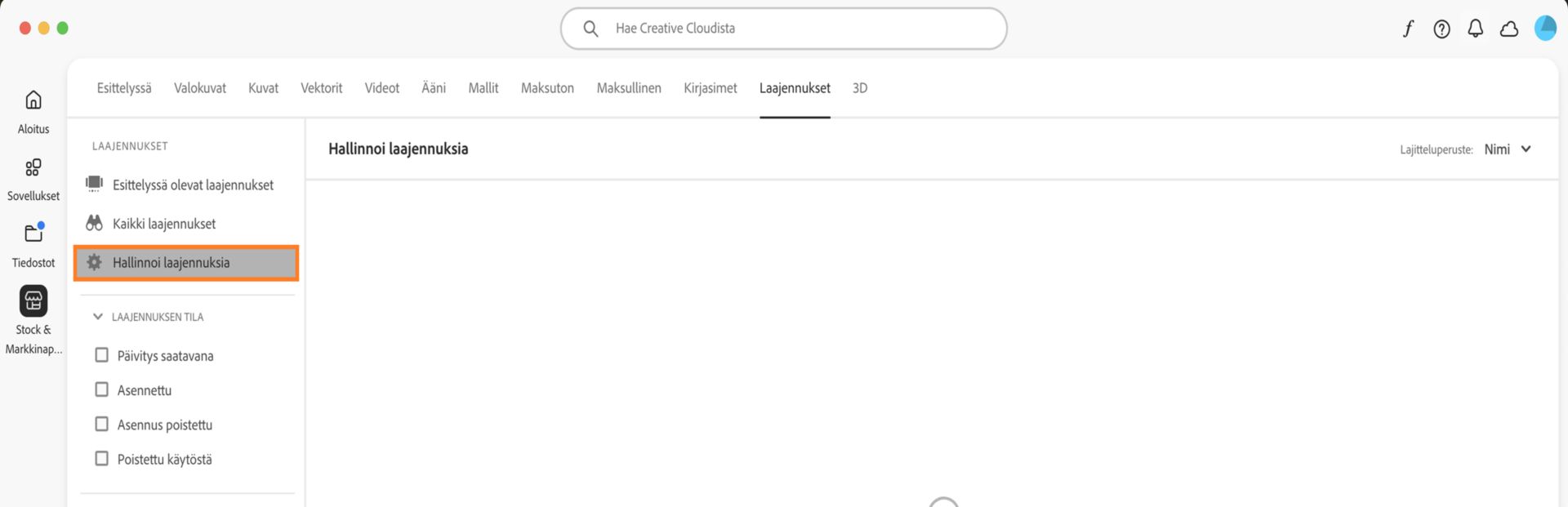 Stock & Markkinapaikka -näytössä näkyy Hallinnoi laajennuksia -välilehti, jossa voit tarkastella asennettuja laajennuksiasi. 