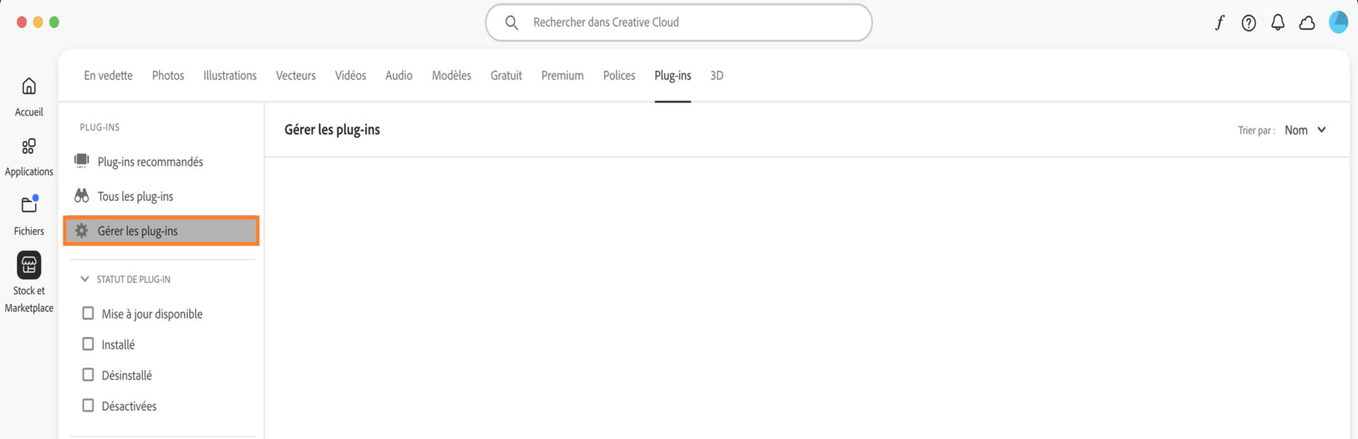 L’écran Stock et Marketplace affiche l’onglet Gérer les plug-ins où vous pouvez afficher vos plug-ins installés. 