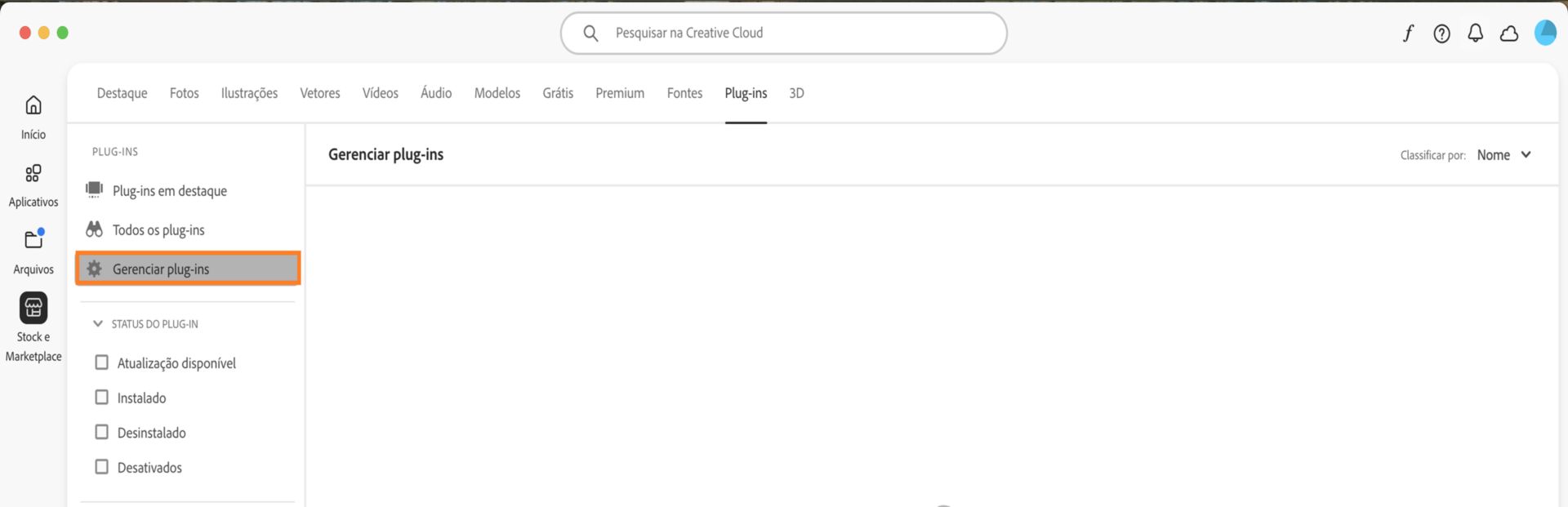 A tela Stock e Marketplace exibe a guia Gerenciar plug-ins, onde você pode visualizar seus plug-ins instalados. 