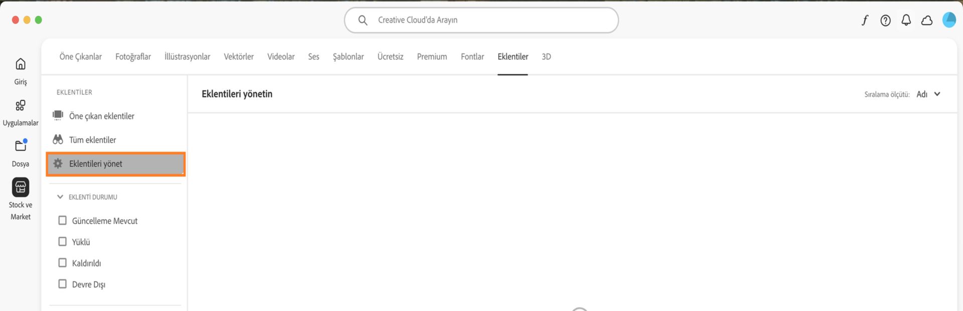 Stock ve Market ekranında, yüklü eklentilerinizi görebileceğiniz Eklentileri yönet sekmesi görüntülenir. 
