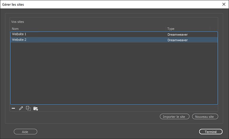 Boîte de dialogue Gérer les sites