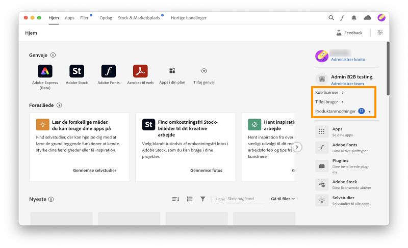 Creative Cloud-computerappens startside med mulighederne for at købe produkter, tilføje brugere og anmode om produkter fremhævet
