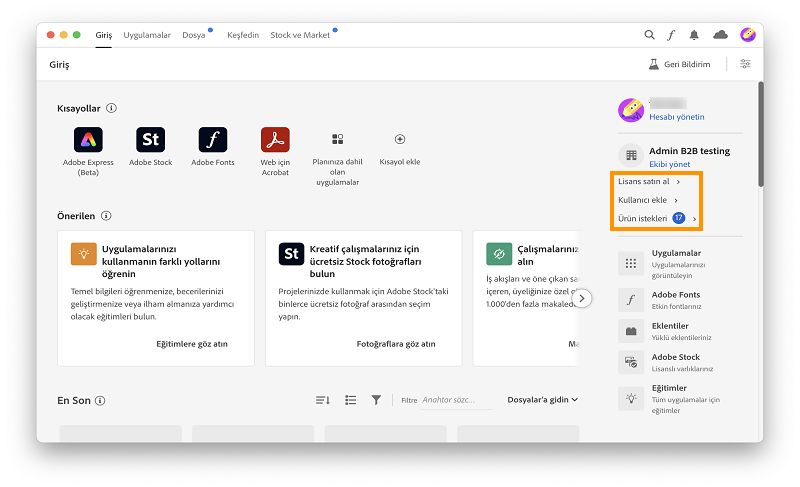 Lisans satın al, kullanıcı ekle ve ürün isteği seçenekleri vurgulanmış olarak Creative Cloud masaüstü uygulaması giriş sayfası