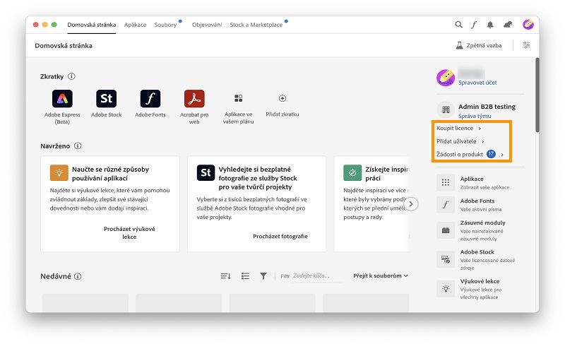 Domovská stránka aplikace Creative Cloud pro počítače se zvýrazněnými možnostmi nákupu licencí, přidání uživatelů a požadavků na produkt
