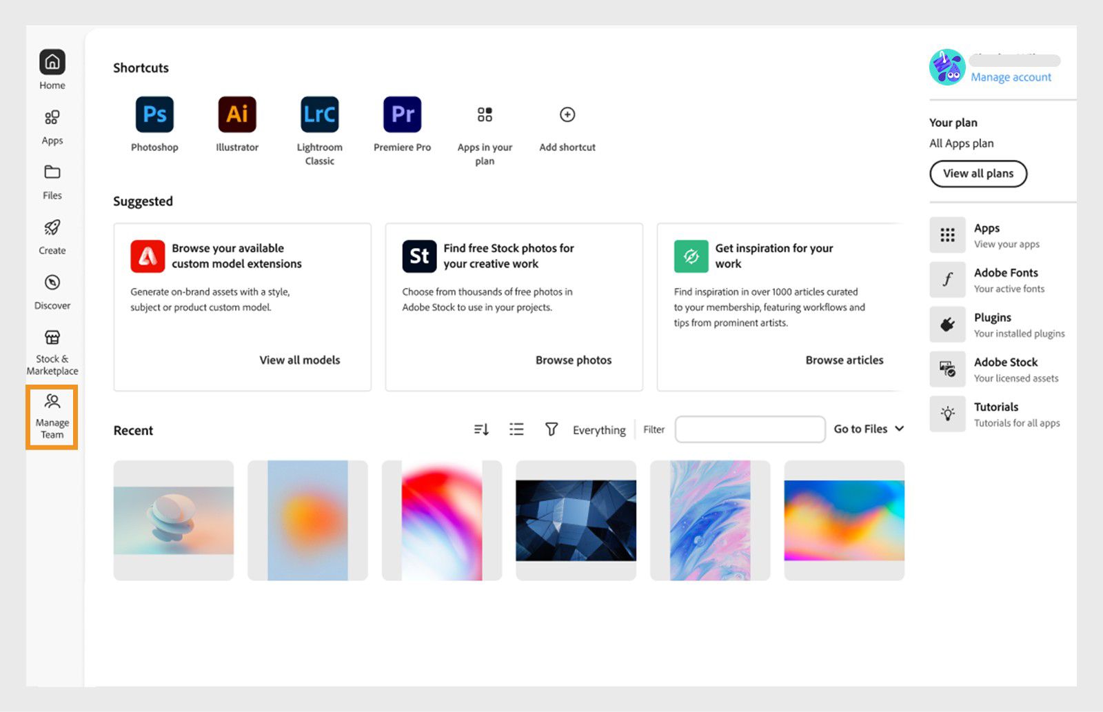 Creative Cloud-datorprogrammet med alternativet Hantera team markerat