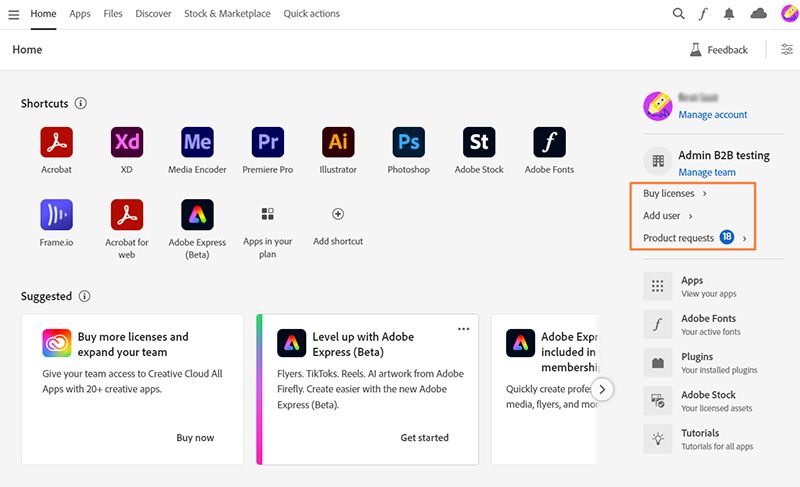 The Creative Cloud desktop app home page with the buy licenses, add users, and product request options highlighted