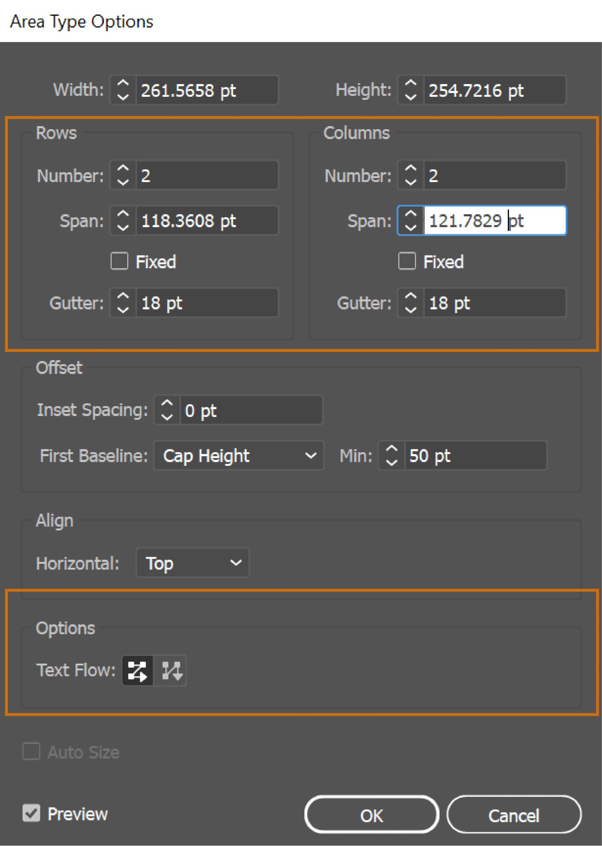 텍스트를 행과 열로 분할하는 영역 문자 옵션입니다.