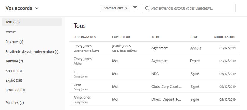 Page Gérer - Liste des accords