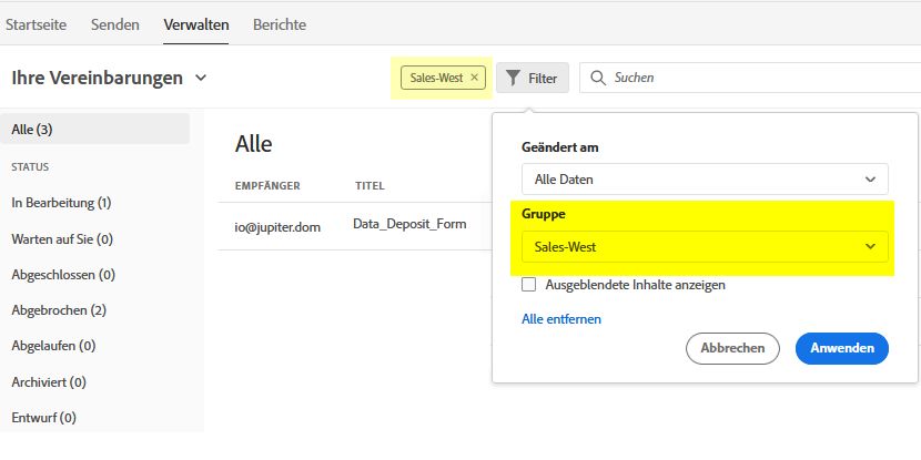 Inhalte auf der Seite „Verwalten“ nach Gruppe filtern