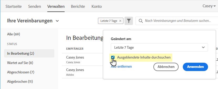 Ausgeblendete Inhalte durchsuchen