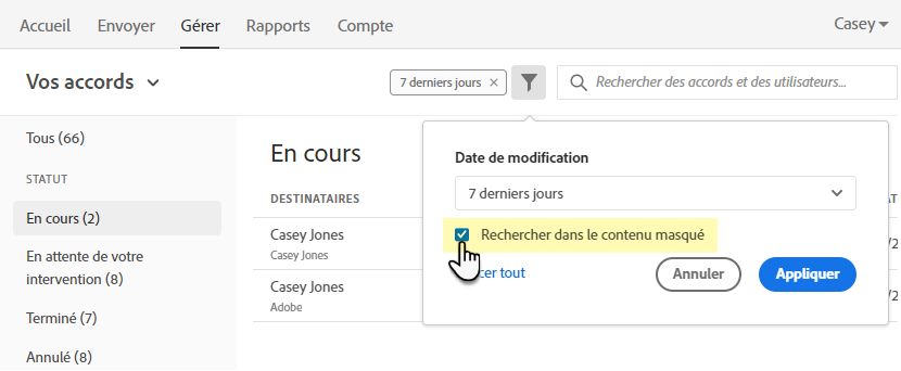 Filtres masqués de la page Gérer
