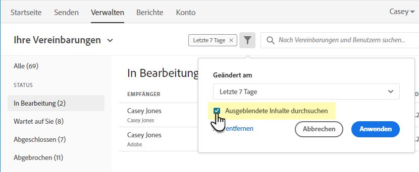 Seite „Verwalten“ – Filter für ausgeblendete Inhalte