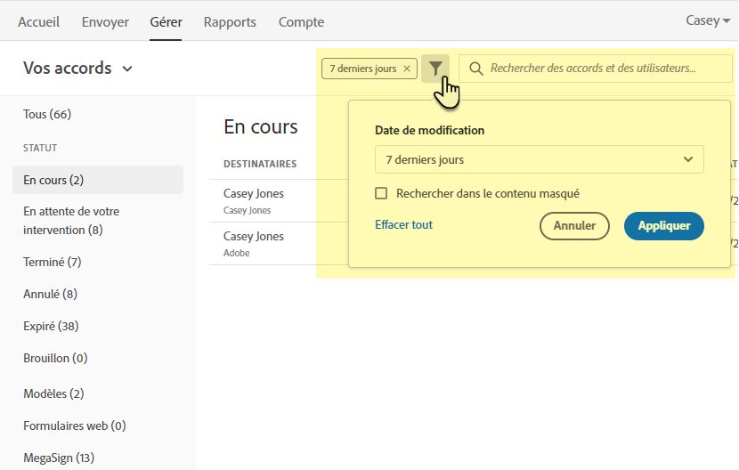 Filtres de recherche de la page Gérer