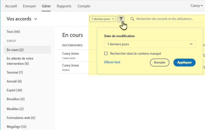 Filtres de recherche de texte