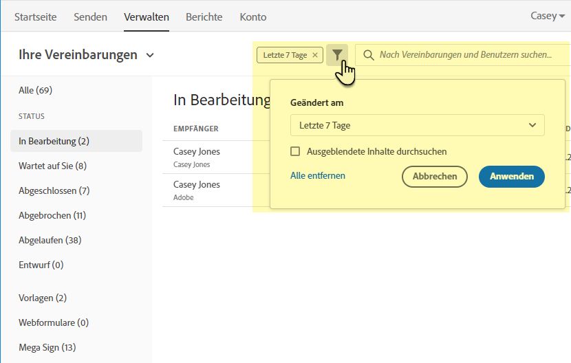 Suchfilter auf der Seite „Verwalten“