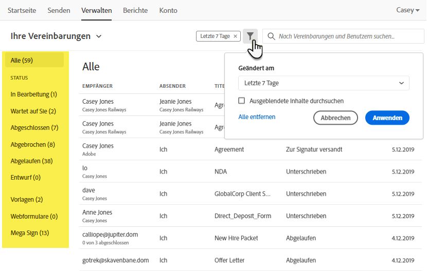 Statusfilter auf der Seite „Verwalten“